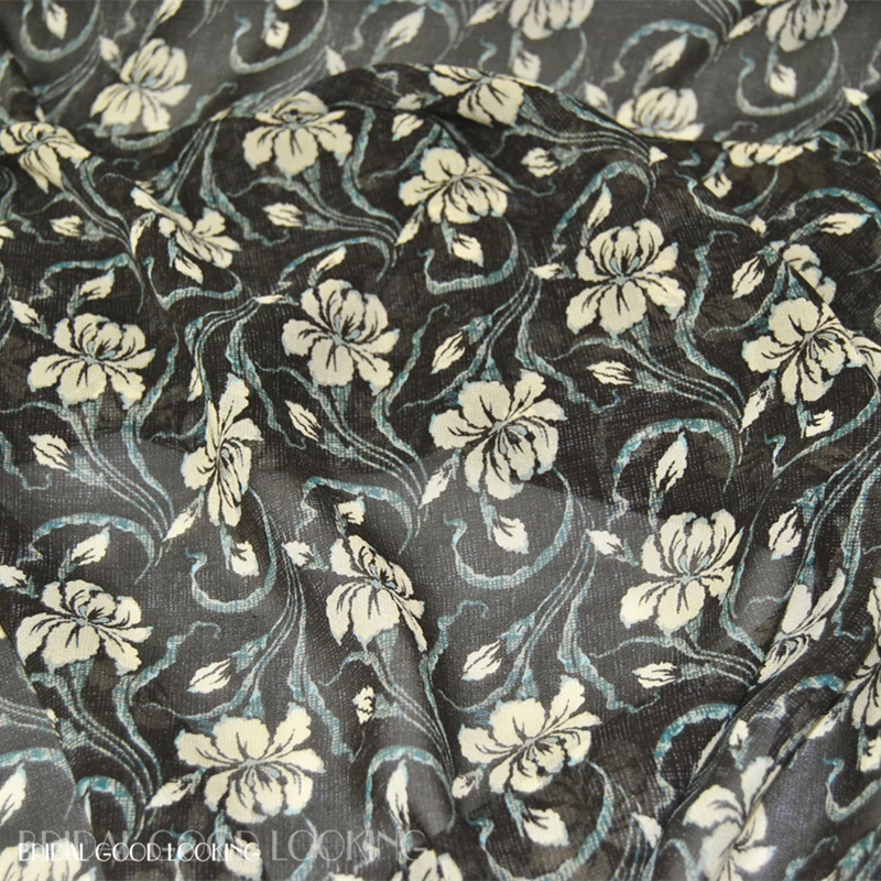 

Silk Georgette Chiffon Fabric Dress 12 momme Beige Flower 100% Spring and Summer Thin Skirt Scarf DIY Patchwork Tissue