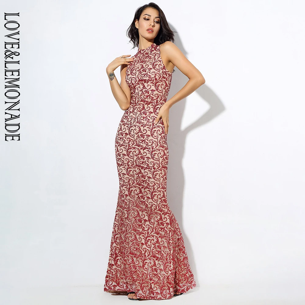 Женское длинное платье LOVE & LEMONADE красное с воротником из ротанга и бусинами