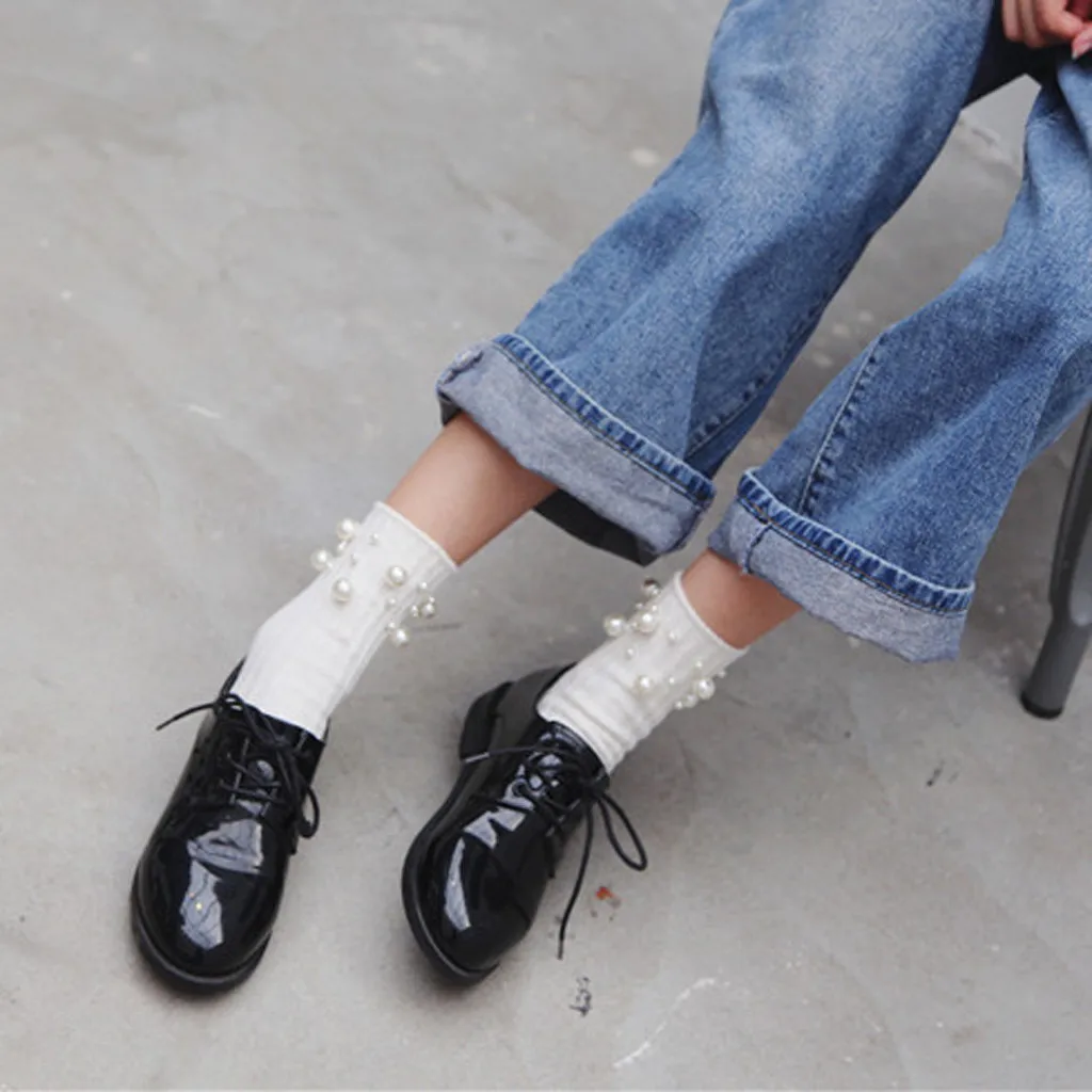 Носки с жемчугом, женские повседневные милые дышащие хлопковые носки, стандартные однотонные женские носки, stopki skarpetki damskie