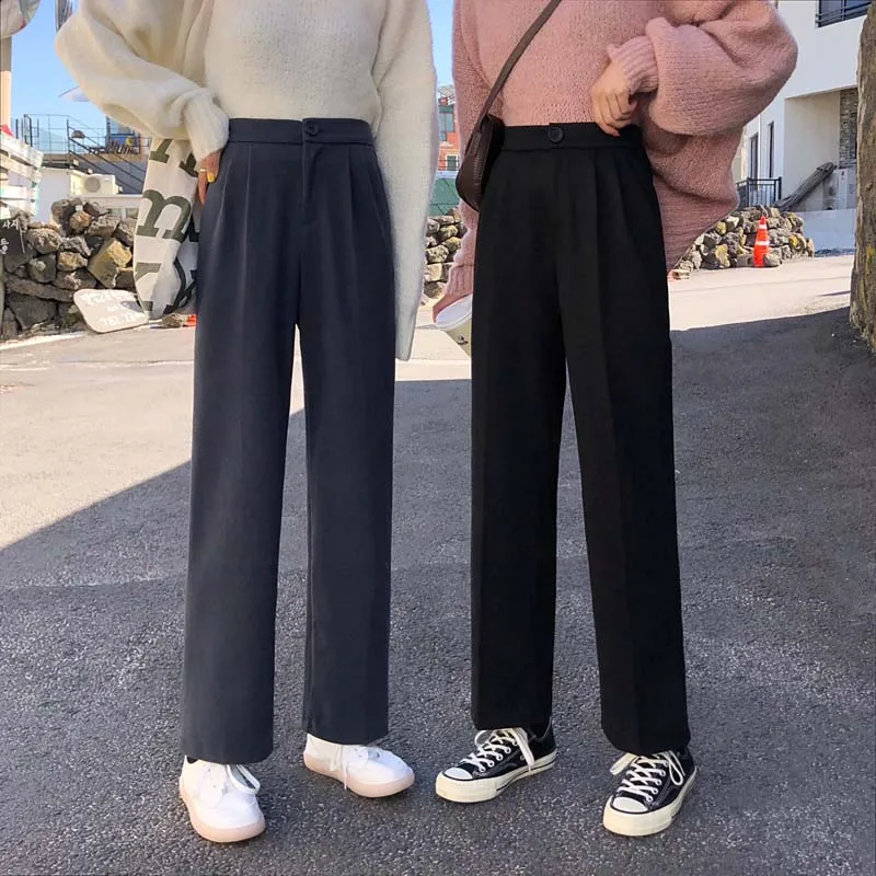 

2021 Spring New Korean Style Woman Pants High-waist Woolen Wide Leg Pants Loose Straight Baggy Trousers Casual Pants Plus Size