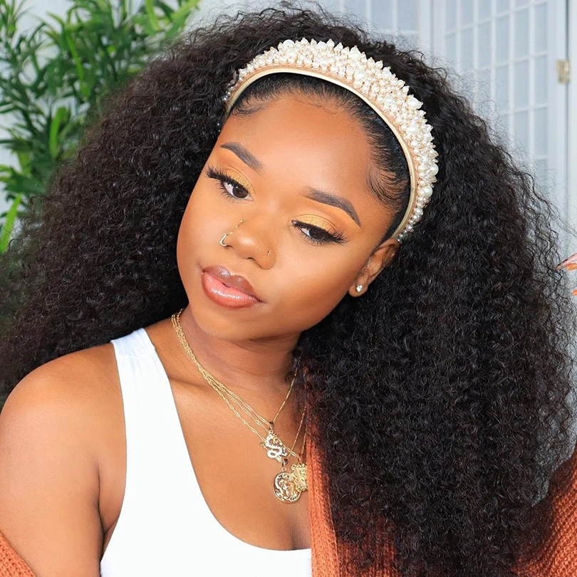 

Mongolian Afro Kinky Curly Machine Made Headband Wigs 180% Density Natural Color Scarf Wig Easy Wear For Women