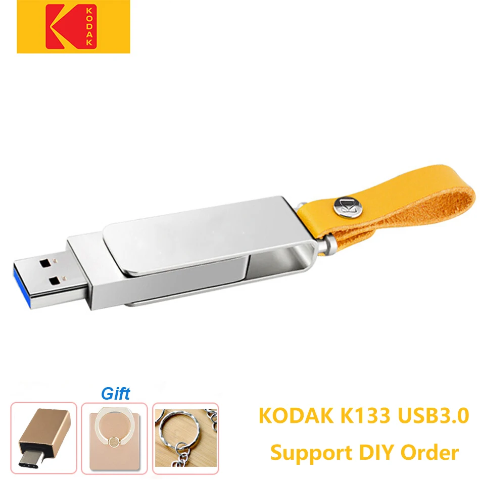 New Kodak Metal USB Flash Drive K133 32G 64GB 128GB 256GB 512GB Memory Stick Pendrive Silver USB3.0 Disk with Lanyard for Laptop