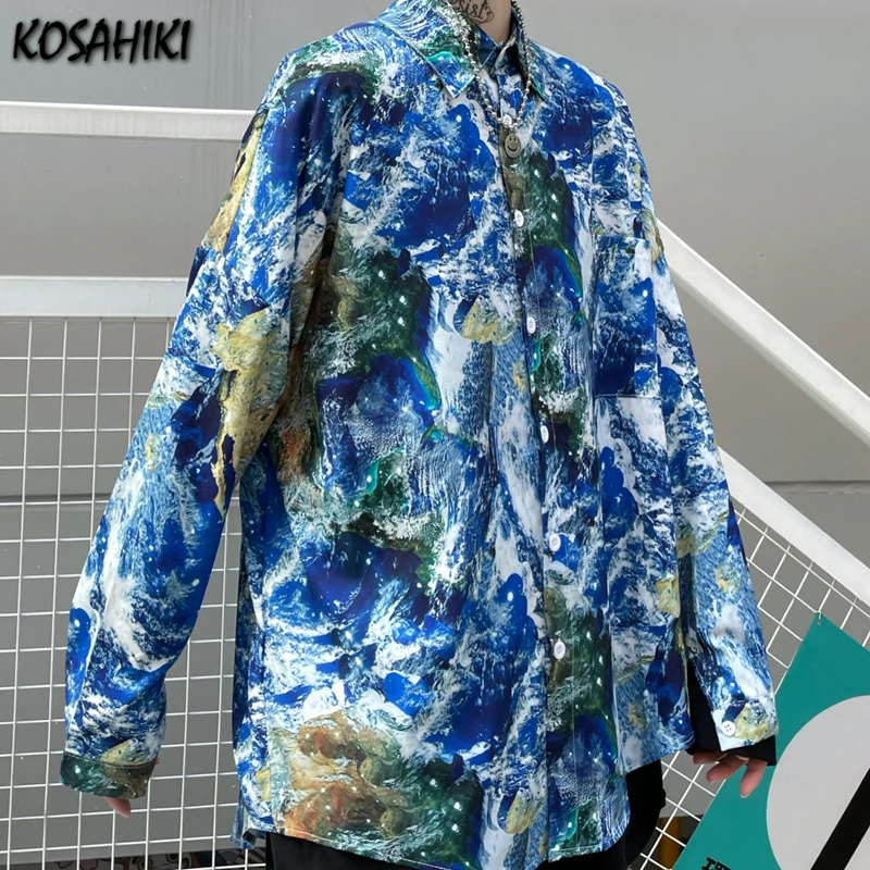 

HOSAHIKI Women Men Tops 2021 Spring Summer New Tie Dye Print Blouse Loose Streetwear Casual Blusas Shirt Camisas Mujer