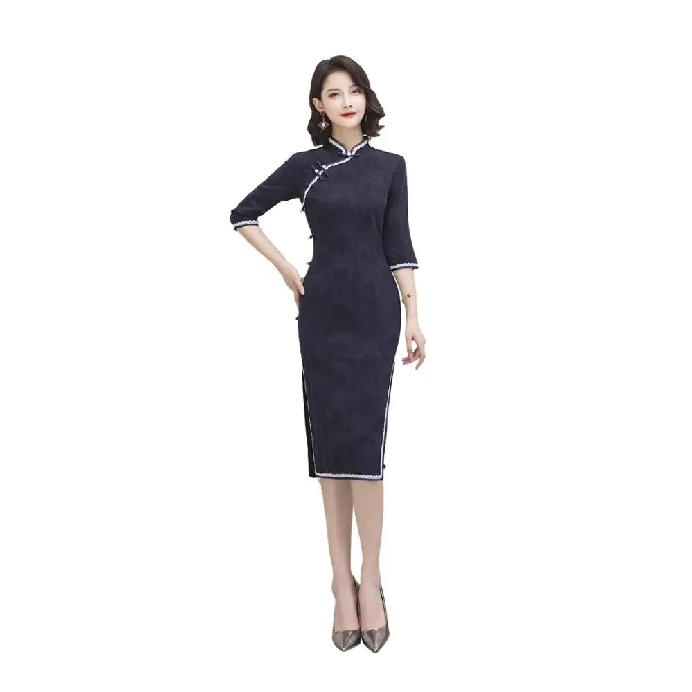 Шанхай история Половина рукава по колено cheongsam платье хлопок лен Винтаж Ципао китайское платье китайский стиль платье для женщин