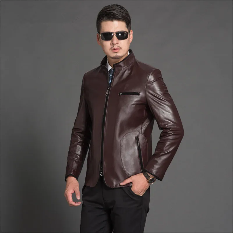 Повседневная кожаная мужская куртка из натуральной кожи черного цвета Пальто