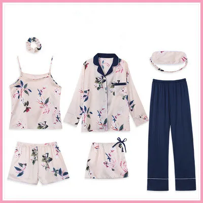 2019 пижамы для женщин 7 штук наборы атласное шелковое Сексуальное белье домашняя