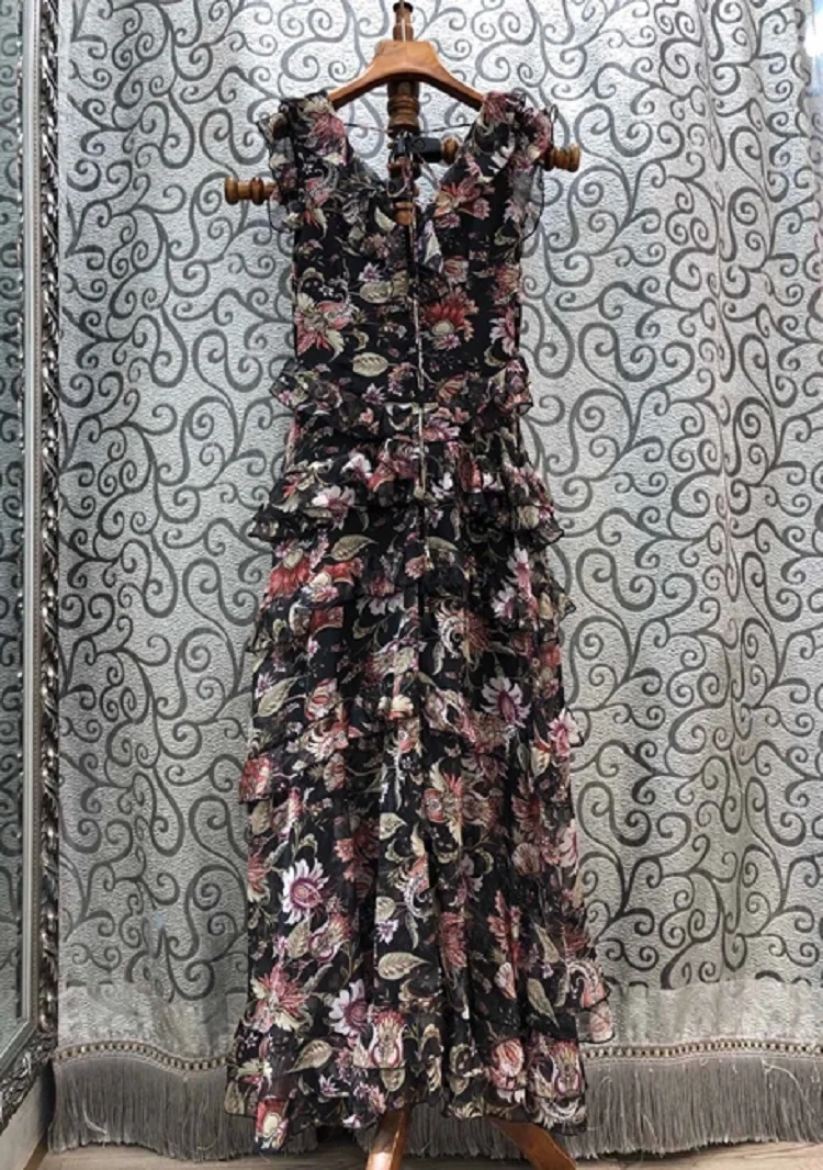 

High Quality New 2020 Summer Long Dress Women Sexy V-Neck Back String Deco Leaves Flower Print Sleeveless Long Maxi Dress Casual