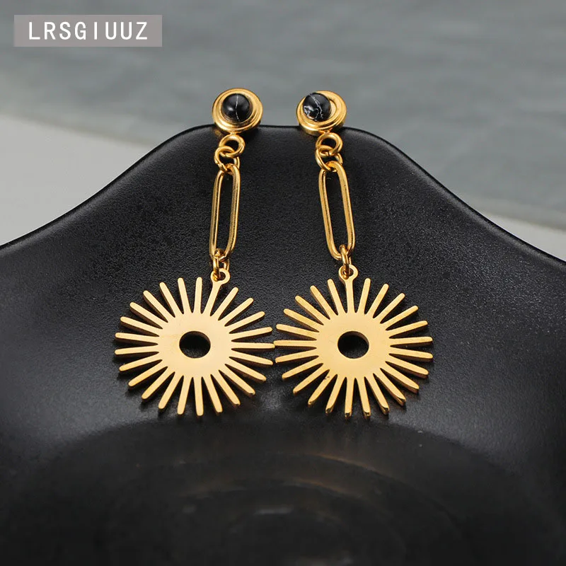 

14k Exaggerated European And American Trend Women's Gold Earrings European Popular Sunflower Titanium Steel Turquoise Earrings