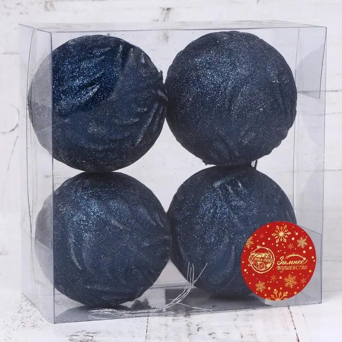 Набор шаров пластик Д-8 см 4 шт Холодный узор синий | Дом и сад