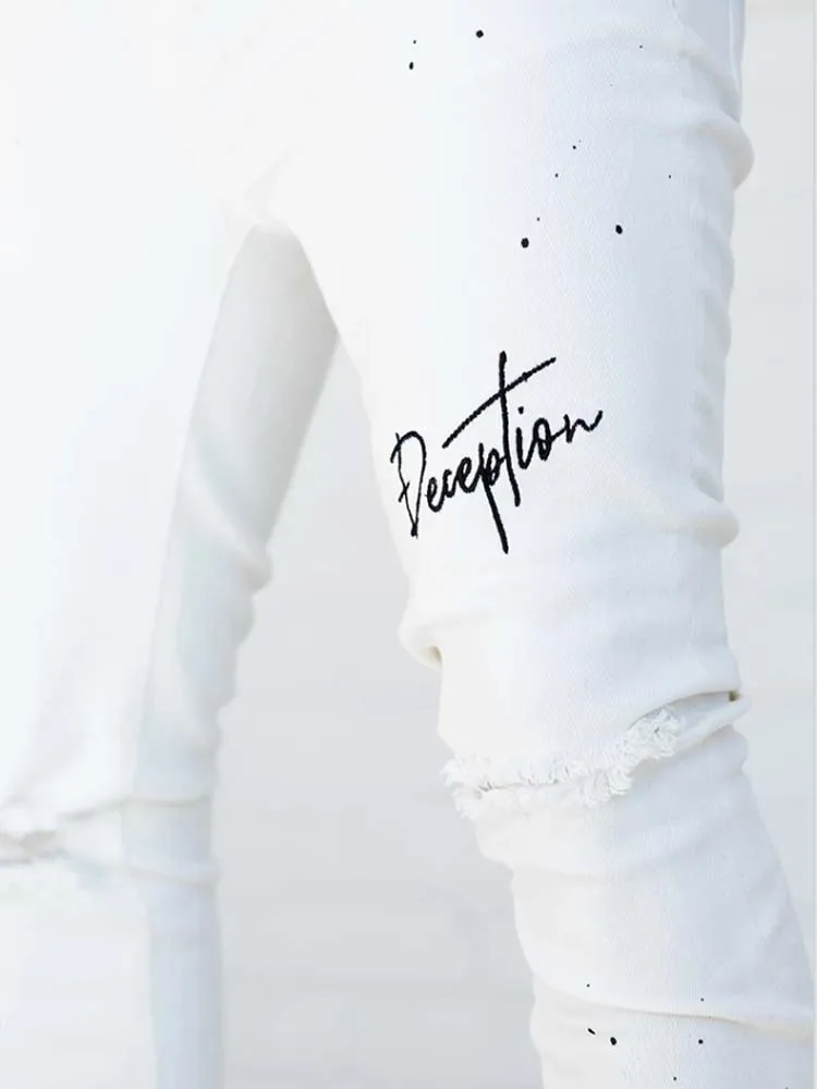 

Blue Ripped Skinny Jeans Men Embroider Individual Letters Pencil Pants Fashion FootMouth Zipper Hip Hop Slim Male Denim Trousers