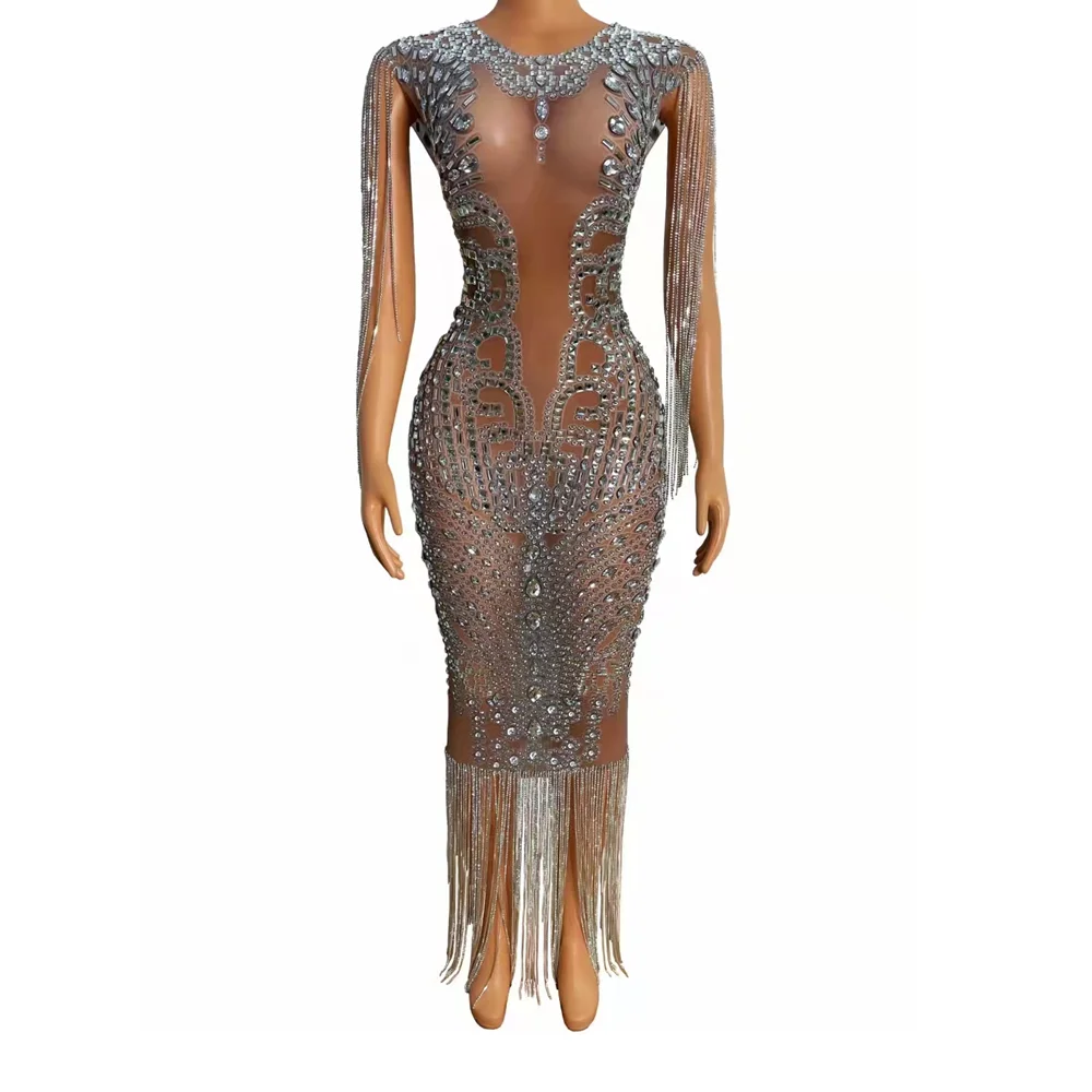 

Luxury Party Celebration Perspective Crystal Dress Women Sexy Tassel Rhinestone See Through Dress Birthday Prom Bodycon Dress