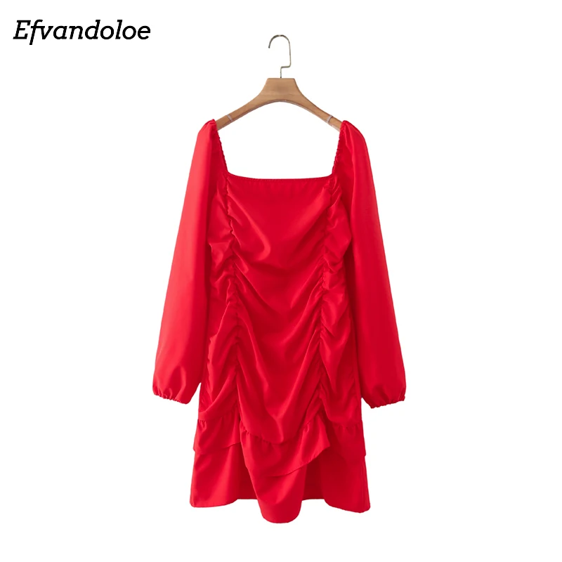 

Women Long Sleeve Square Collar Red Dress 2021 Folds Ruffles Mini A-line Dresses Casual Dress jurken