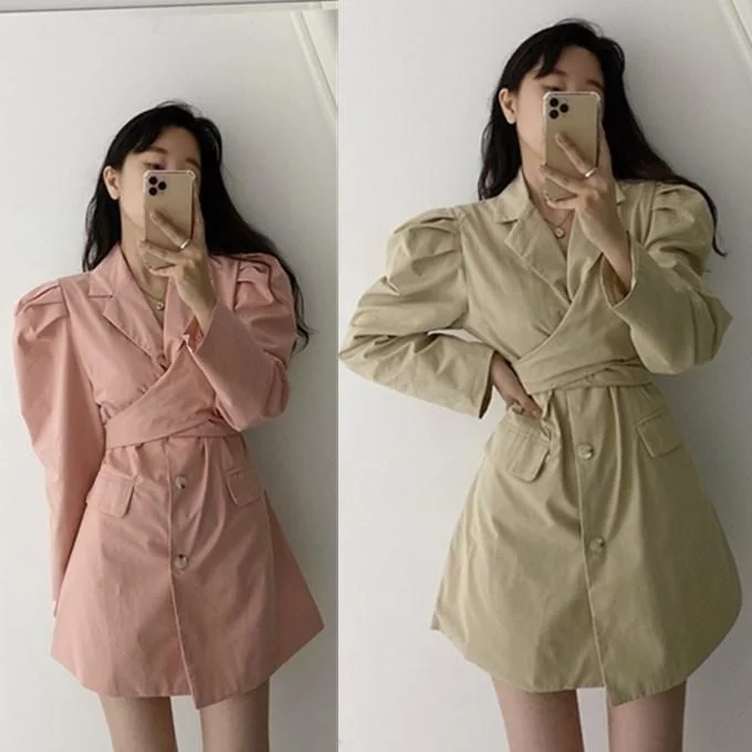 

Fashionable bubble sleeve cross bandage suit collar dress