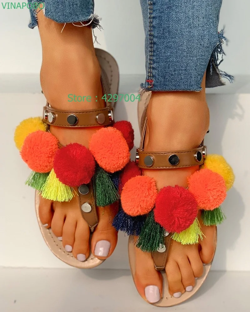 Sandalias planas con pompones coloridos de estilo bohemio para mujer, Chanclas de gladiador con borla y flecos, con correa y hebilla, para verano
