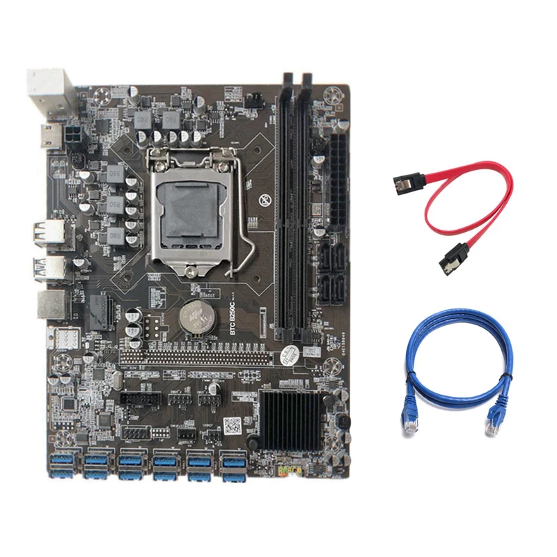 

B250C Mining Motherboard with RJ45 Network Cable+SATA Cable 12 PCIE to USB3.0 GPU Slot LGA1151 Support DDR4 for Miner