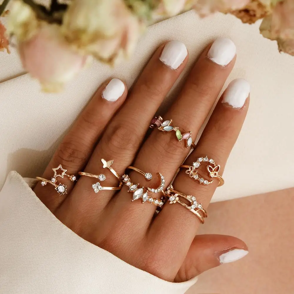 7 шт./компл. женские модные кольца цветок солнце луна полые звезда бабочка