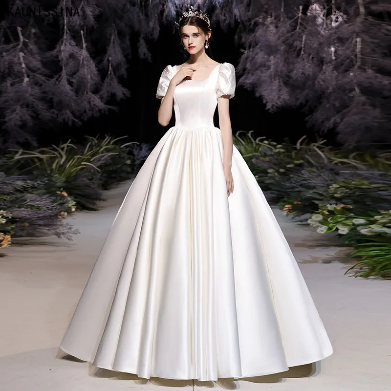 

Женское свадебное платье, Белое Атласное с квадратным вырезом, свадебные платья принцессы