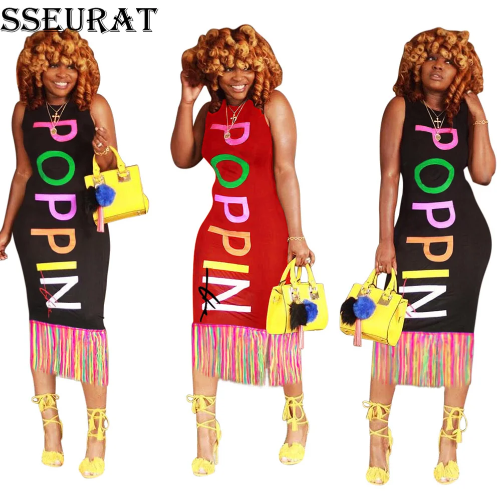 

SSEURAT Colorful Letters Print Tassel Midi Dress with Signature Women Sleeveless Bodycon Vest Club Dresses Casual Long T-shirt