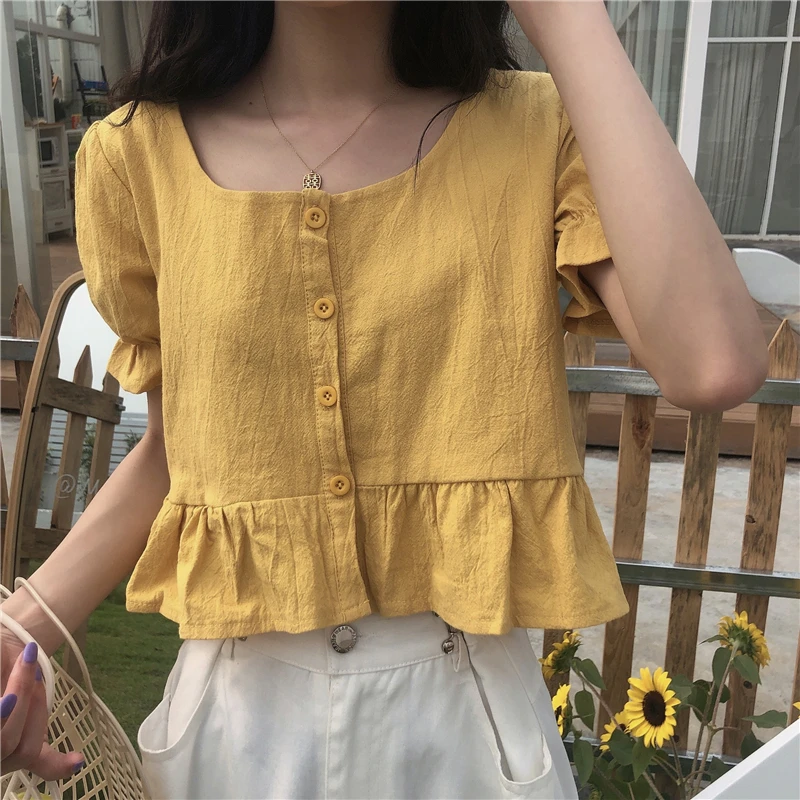 

Women Clothes Sweet Style Puff Short Sleeve Ladies Tops Korean Square Collar Loose Tees Summer New Solid Ruffles T Shirts Kawaii