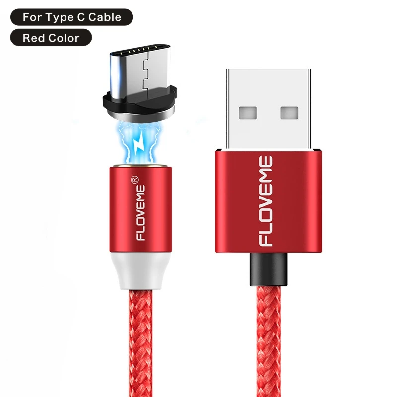 FLOVEM Магнитный кабель Micro usb type C USB-C кабель 1 м 2 м светодиодный короткий usb кабель для зарядки магнитное зарядное устройство круглый разъем для iPhone XR - Цвет: For Type-C Red