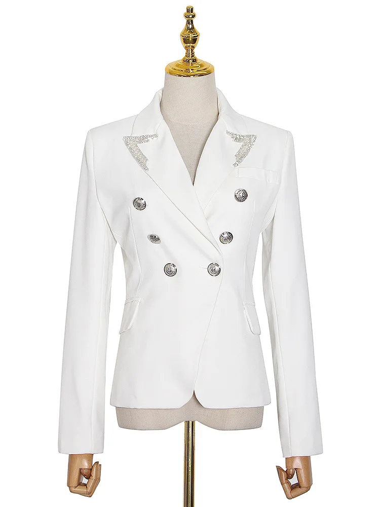 

Vogue of new fund of 2021 autumn double-breasted neckline heavy diamond nail bead waist show small suit