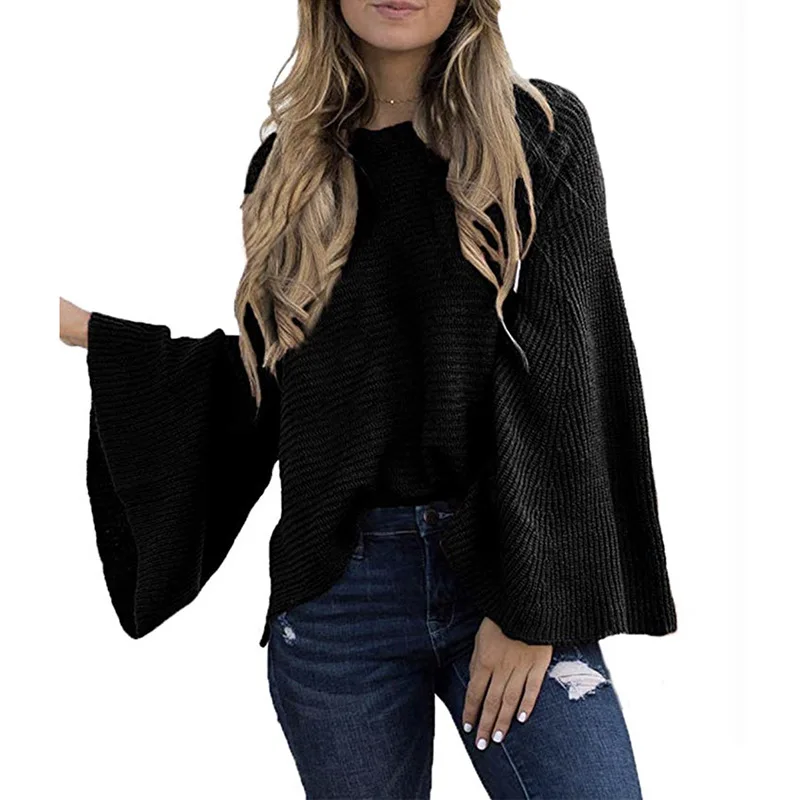 

2020 Autumn And Winter New Women Flared Sleeve Crew Neck European And American Fashion Leisure Bat Type Lady Arge Sleeve Sweater