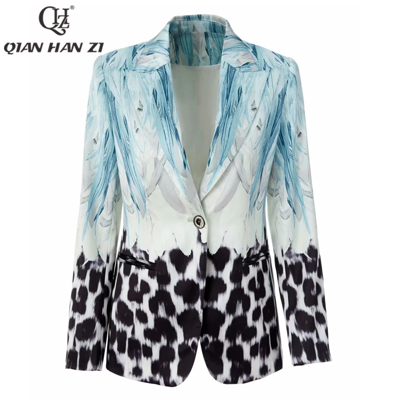 

Qian Han Zi Winter Designer Fashion Fall Blazer Women long sleeves vintage feather Pattern print Single Button Slim coat