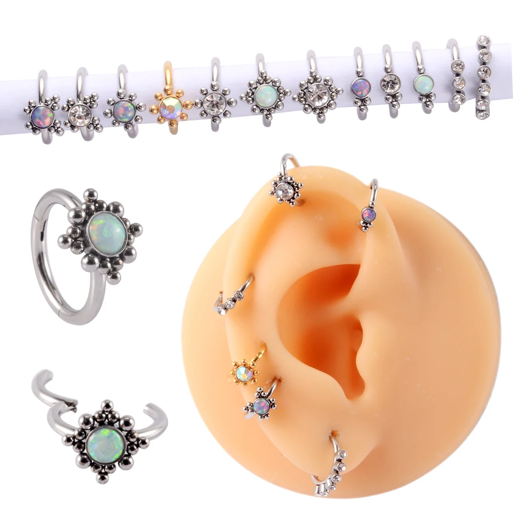 12PCS Surgical Steel Septum Clicker Hoop Ring Opal Cluster Ear Tragus Helix Cartilage Zircon Daith Earrings Piercing Jewelry