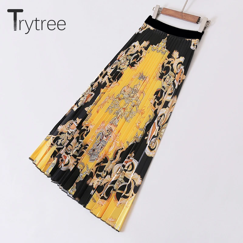 Trytree/осенне зимняя женская повседневная юбка в стиле ампир желтая плиссированная