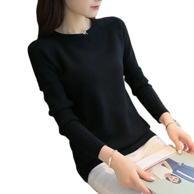 2021 The fall of the new Korean women slim cotton Crewneck sweater coat all-match long sleeved pullover shirt thin | Женская одежда