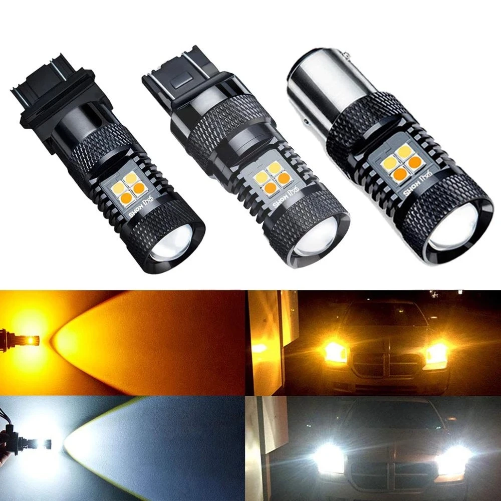 

1157 P21/5W,3157 P27/5W,W21/5W 7443 светодиодный Switchback лампы белого/желтого цвета для дневных ходовых огней/указателей поворота