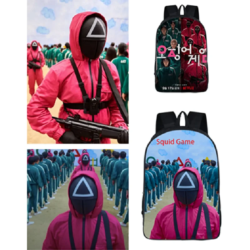 

Школьный ранец 32 вида, мягкий вместительный рюкзак на плечо с рисунком игры кальмар, с треугольником и квадратными ремнями для учеников, Пов...