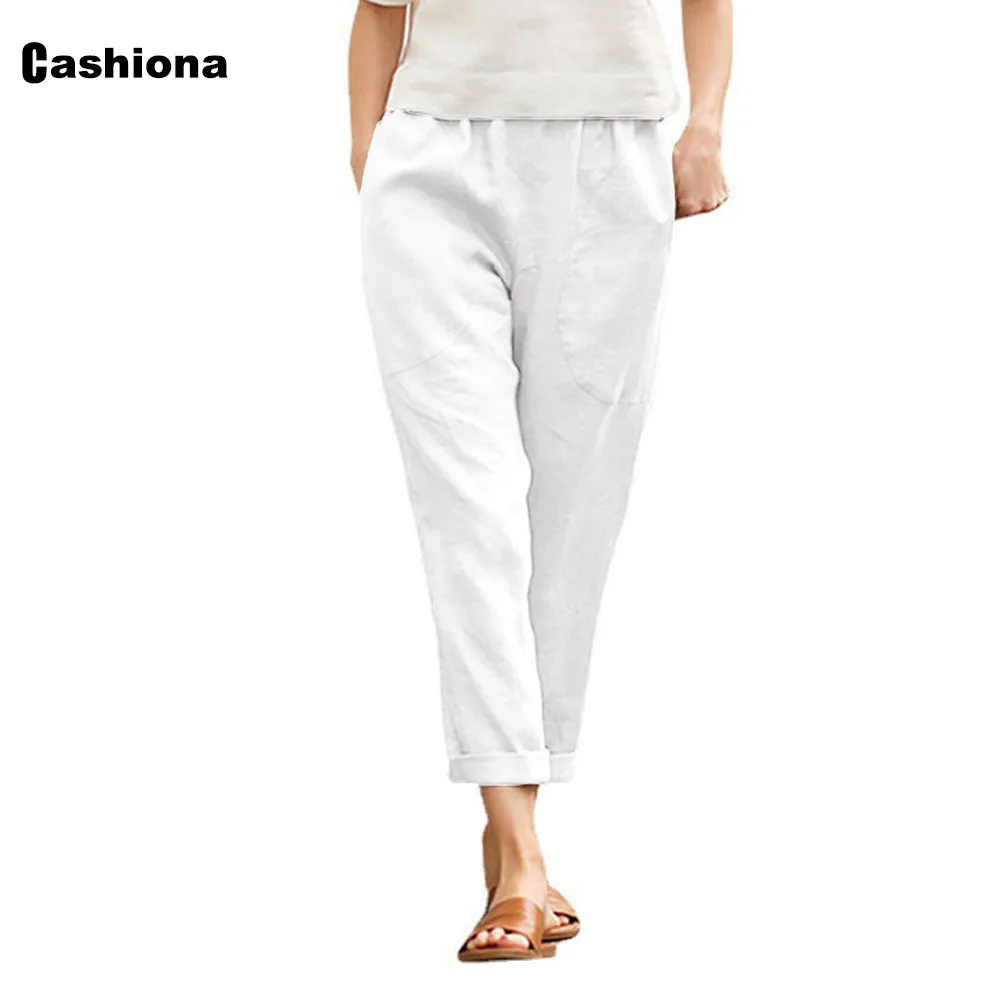 

Plus size 4xl 5xl Cotton Linen Pants Women's Fashion Trouser Casual Drawstring Pantalon Solid White Female Ankle-Length Pants