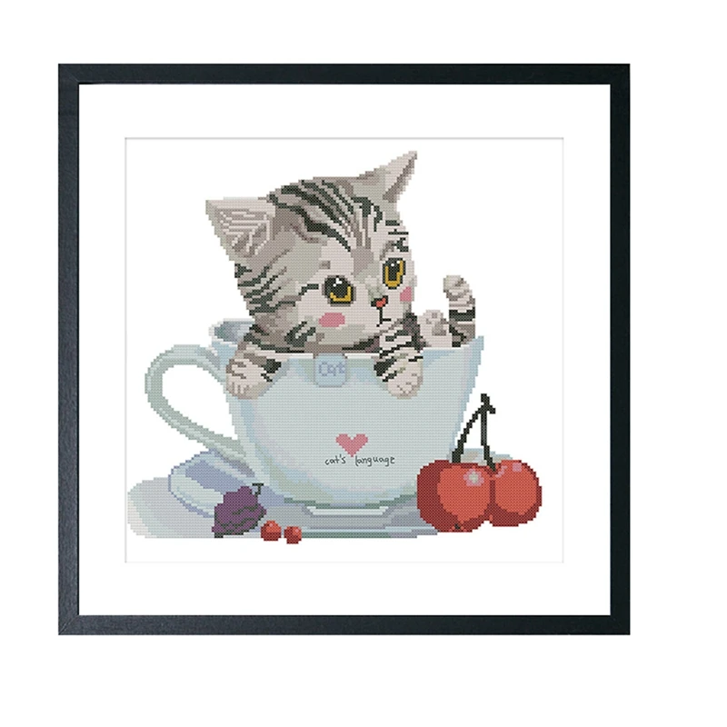 

Cup Kitten Cross Stitch Living Room Painting-Ecological Cotton Thread 11CT3 Strand Printing Embroidery for Girls Crafts New