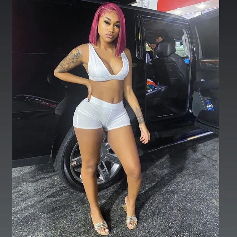 

2PCS/Set Sexy Women Sleeveless Strap Bra Bustiers Tank Vest Crop Tops High Waist Shorts Pants Trousers Tracksuit Summer 2021