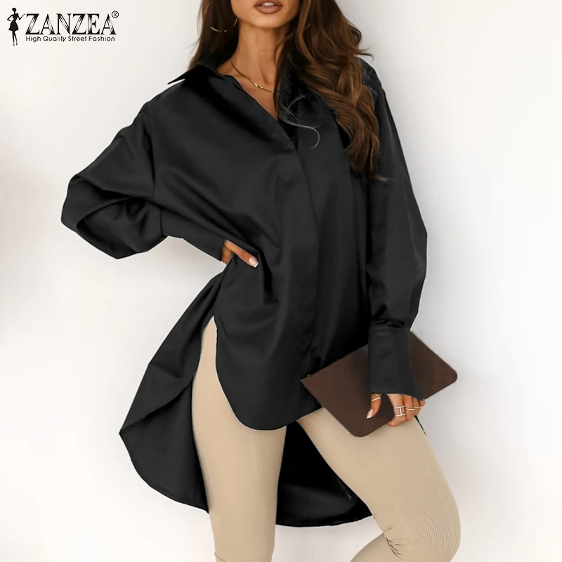 

Женская белая блузка оверсайз с длинным рукавом, осень 2022, офисные топы с асимметричным подолом, повседневные Высокие Низкие Блузы ZANZEA, женс...