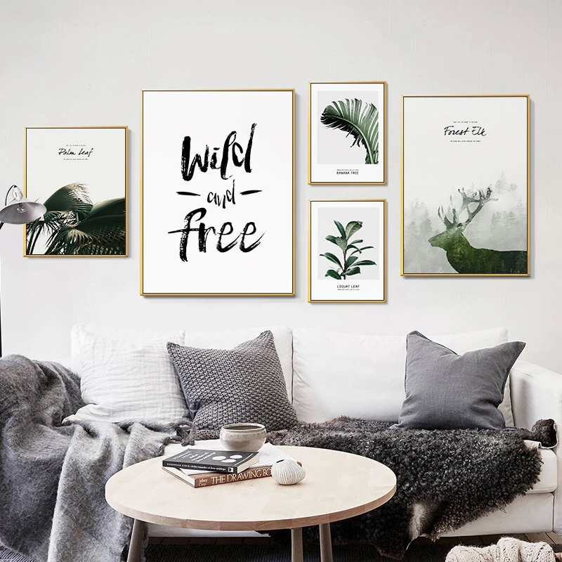 Скандинавский пейзаж зеленое дерево олень лес силуэт холст живопись растение