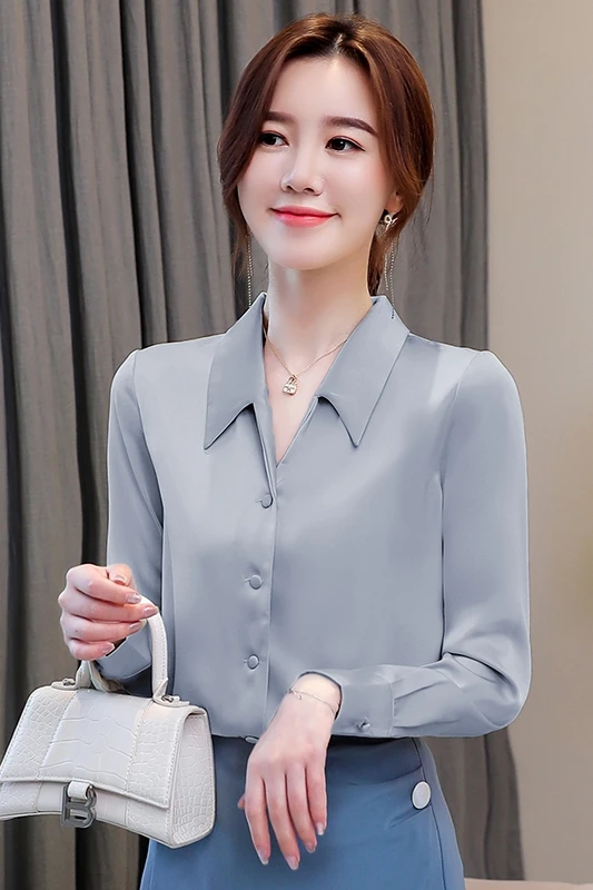 

Houthion New Chiffon Long-sleeved Women's Blouse Loose V-neck Solid Color 2021 Korean Tops Comfortable Fashion Casual Shirt