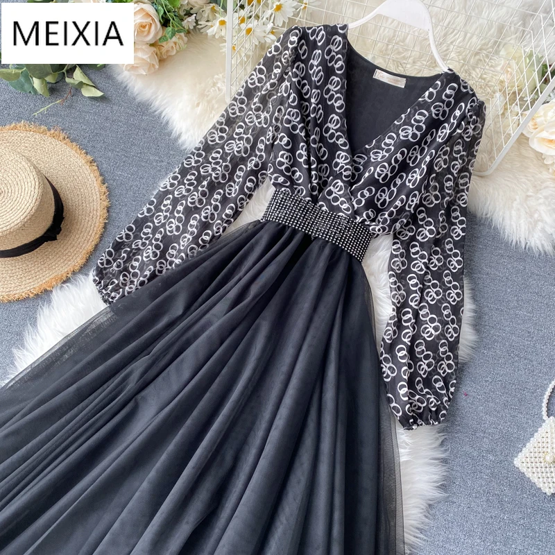 

2020 Women's Patchwork Mesh Dress Ladies Temperament Party Dress Sexy V-neck Print Dress Puff Sleeve Patchwork Dress Women