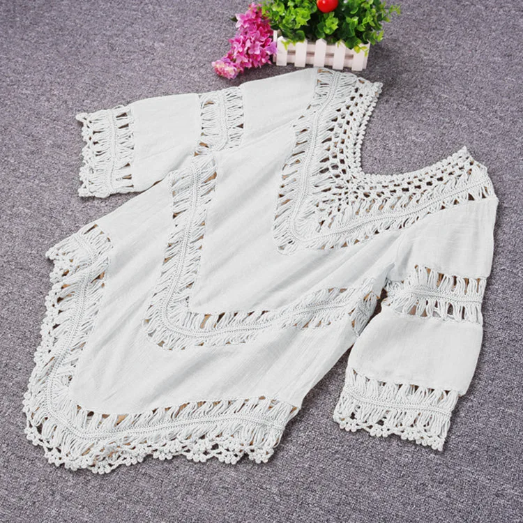 

Sexy Bohemian Crocheted Blouse Female Black White Apricot Tops for Holiday