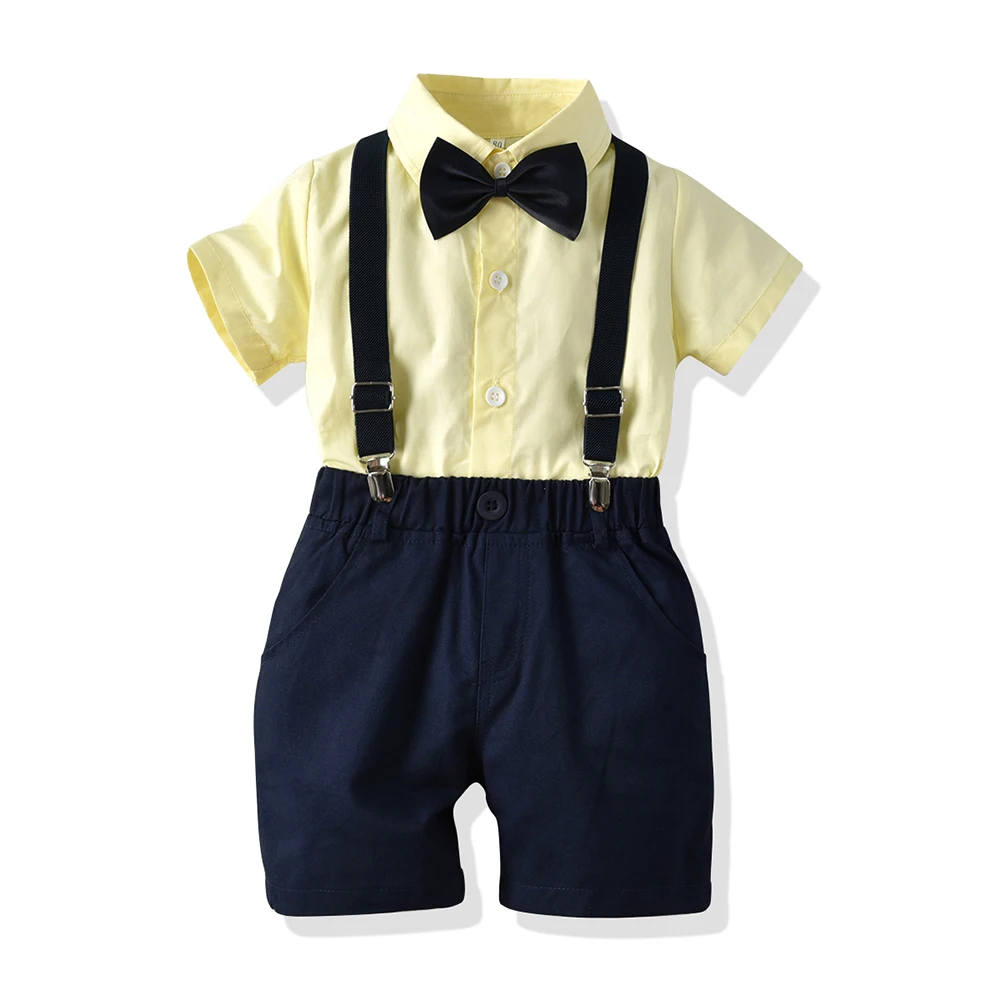 

Top and Top Brand Boys Clothes Set Casual Bow Tie Short Sleeve Shirts+Suspender Pants Kids 2Pcs Suit Wedding Party Clothing