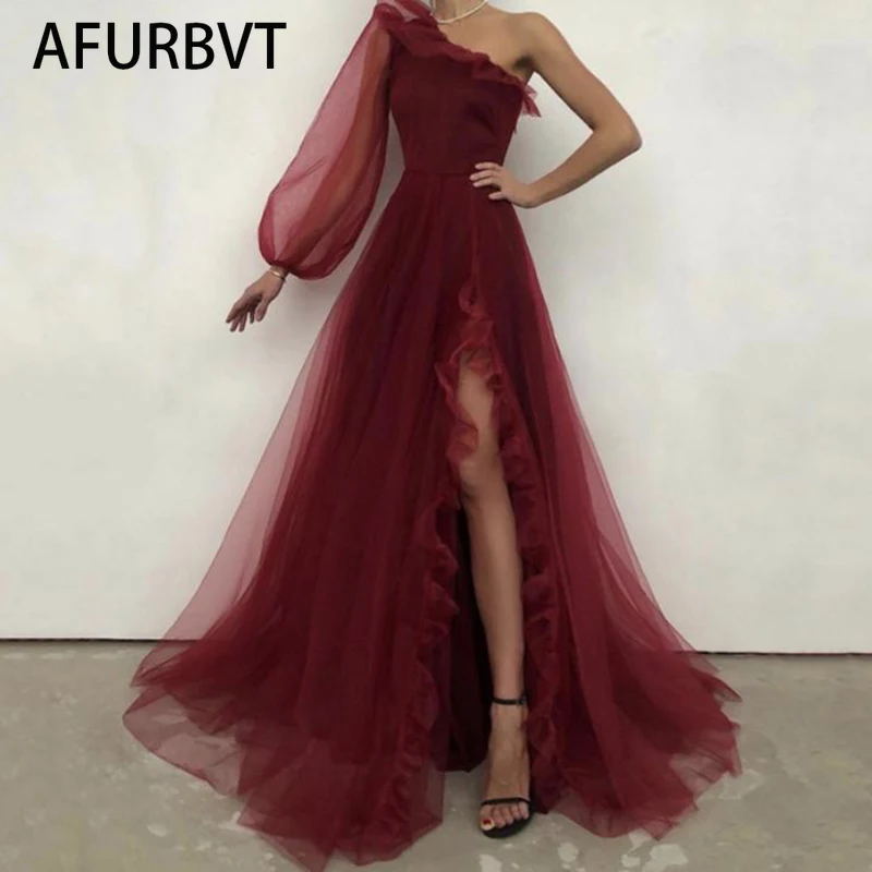

Sexy One Shoulder Dress Split Fork A Line Maxi Dress Mesh Patchwork Celebrity Long Sleeve Party Vestidos