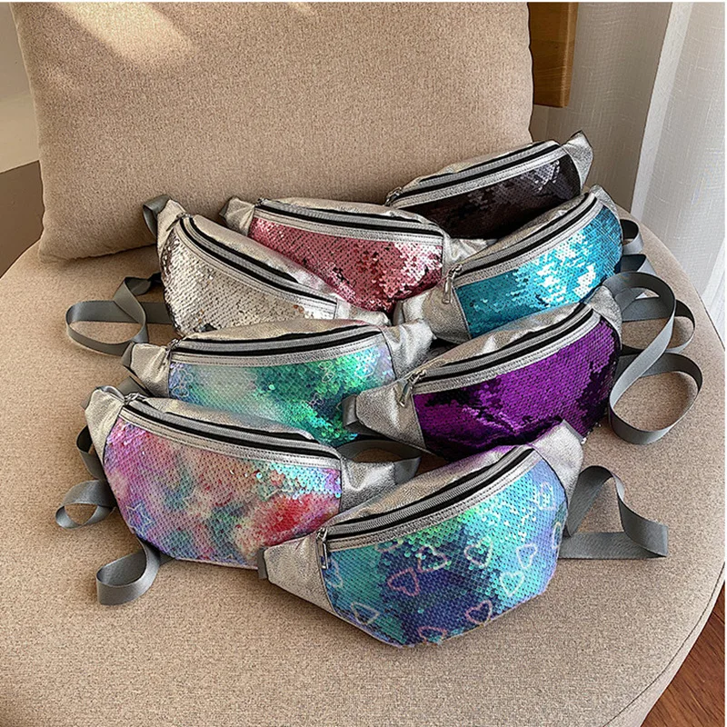Sequined Waist Bag Chest Bag Women's New Style Mobile Phone Messenger Bag Female Fashion Pu Laser Waist Bag Korean-Style