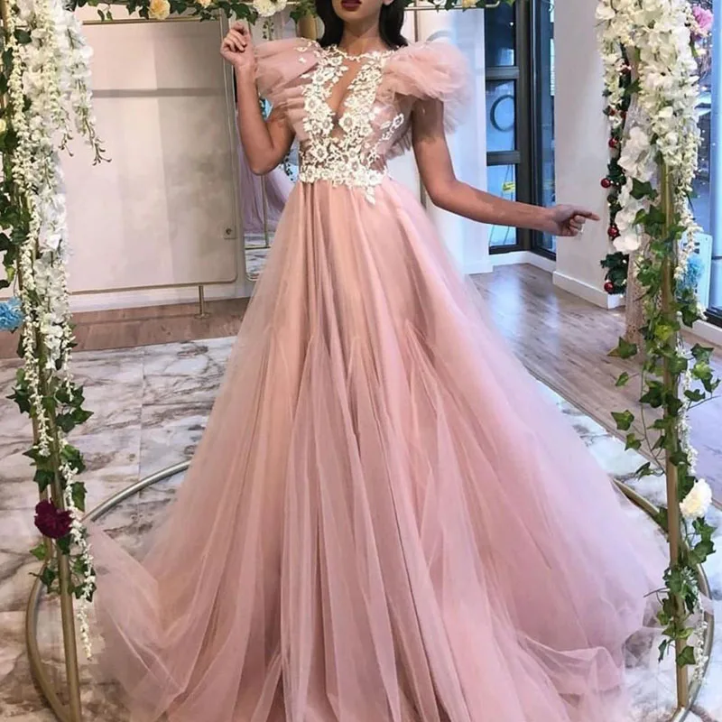 

Blush Pink Jewel Sheer Neck A-line Evening Dresses Sleeveless Pleated Lace Appliques Floor Length Prom Party Gowns