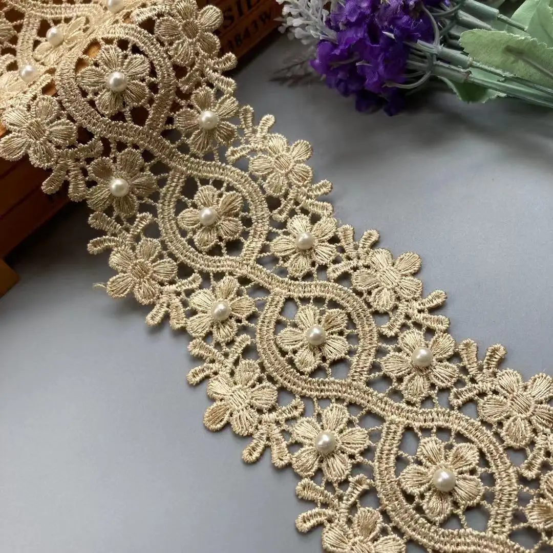 Borde de encaje bordado de flores y perlas doradas de 3 yardas, cinta de ajuste, apliques de costura artesanal para Crochet, vestido de novia de boda, ropa, nuevo