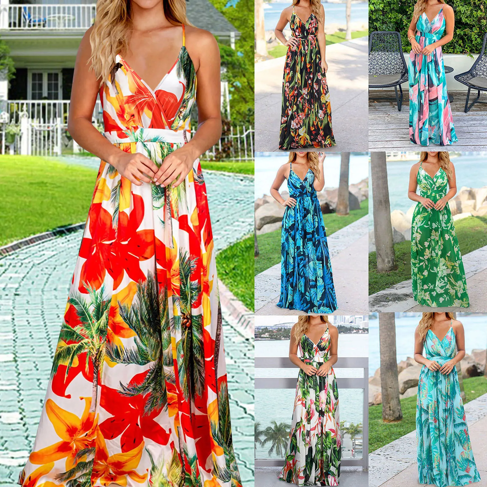 Женское летнее длинное платье на бретельках с низкой мотней v образный вырез