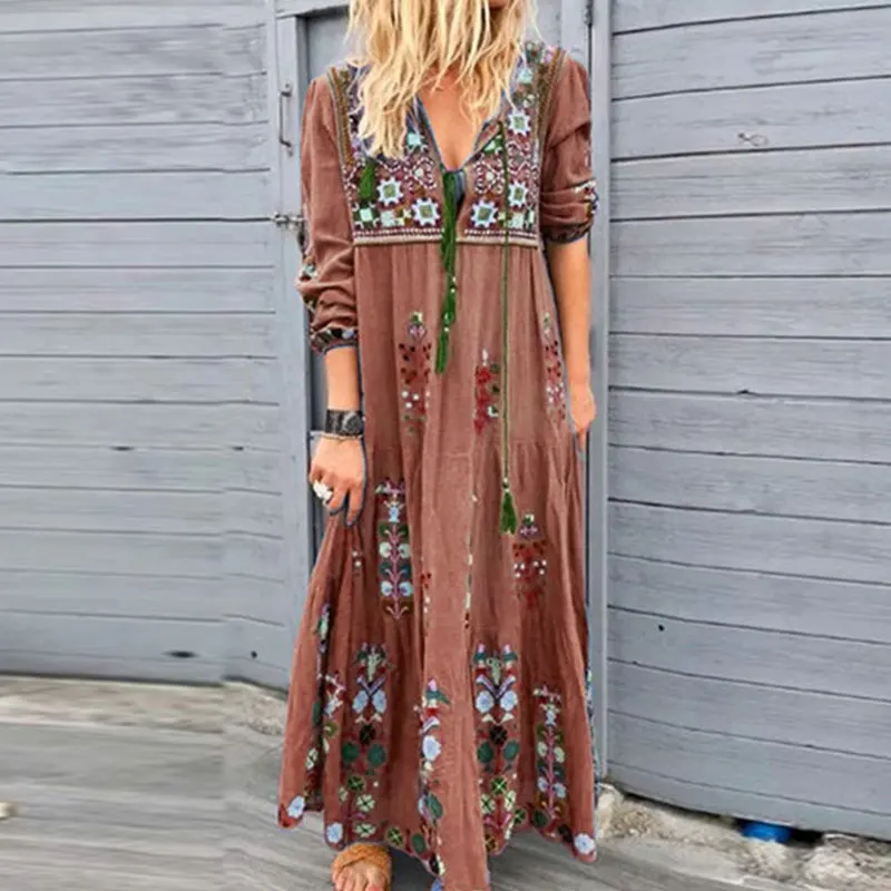 

Plus Size Boho Women Long Sleeve Lace Up Floral Print Beach Bohemian Straight V-neck Maxi Dress Ladies Summer Dress 2021 New