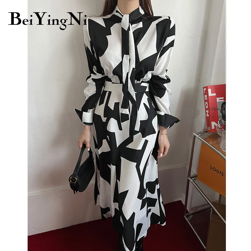

Beiyingni Vintage Lace-up Midi Dresses for Womens Geometric Patterns Print Casual Sashes Women Dress Elegant Loose Clothes Robe