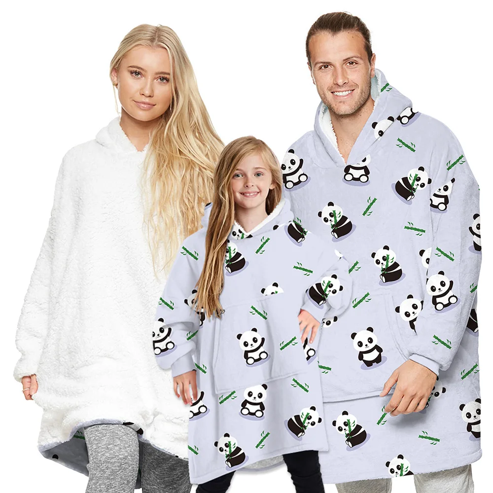 

Thicken Fleece Huggle Hoodie Cute Panda Printing Pullover Robes Home Loose Sweatshirt TV Blanket