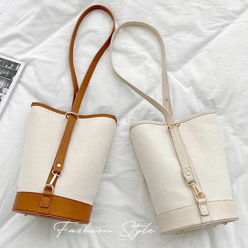 

CEZIRA Women Daily PU Leather Canvas Bucket Fashion Patchwork Design Shoulder Handbags Basket Ladies Casual Crossbody Bag Purses